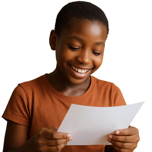 a young african girl in low-cut hair, looking down at a paper with a happy expression